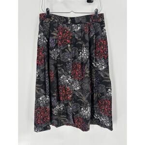 Vintage 1980s Skirt Womens 18W Black Floral Pleated Buttons Knee Length Stretchy